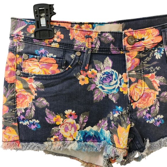 Roxy Blue Floral Tropical Jean Shorts Size 5 Low Rise Raw Fringe Hem - Picture 2 of 8